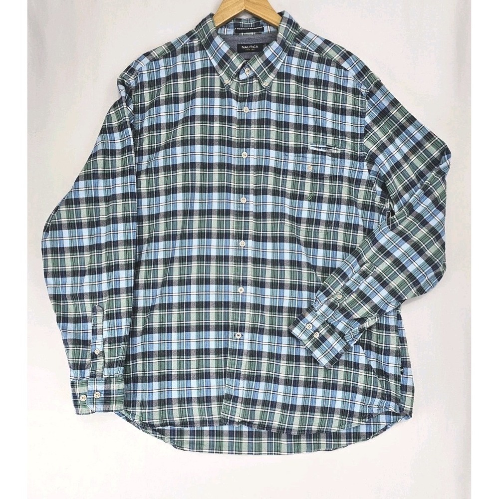 Nautica Mens A Bit Trimmer Fit Blue Green Plaid TTG Button‎ Shirt Men's Size XXL